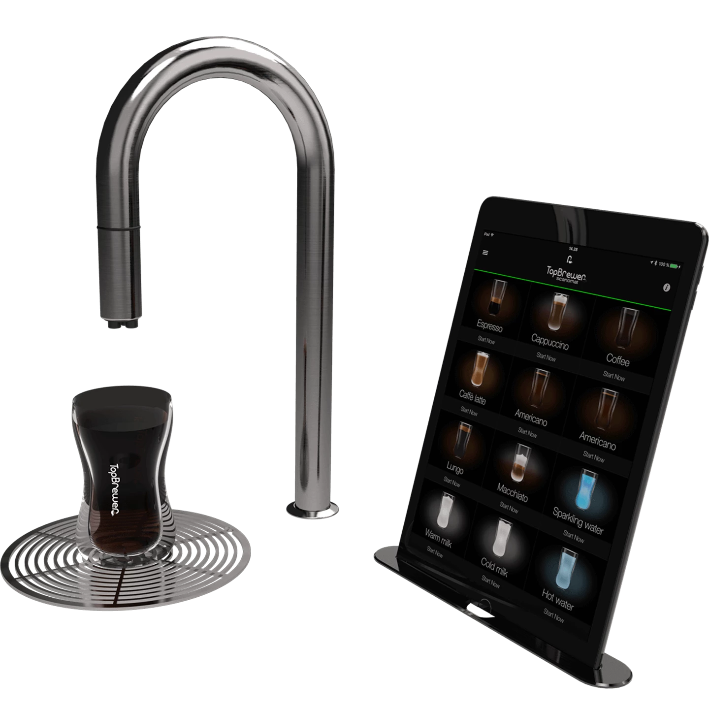 A stainless steel TopBrewer faucet with black coffee from Amokka®