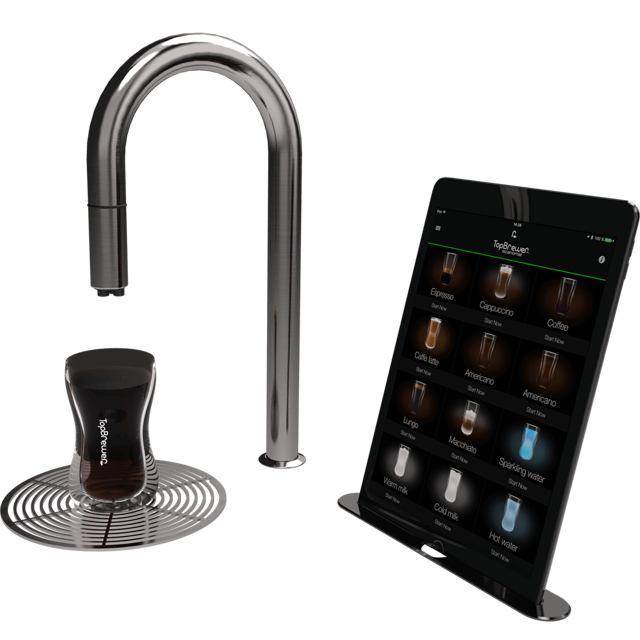 A stainless steel TopBrewer faucet with black coffee from Amokka®