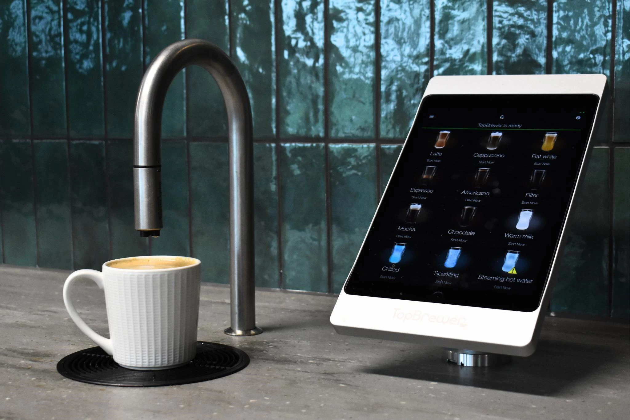 Link Spaces Coworking space with TopBrewer coffee tap machine, iPad and Latte