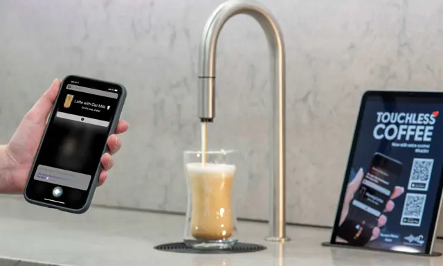 Latte being made with Siri voice control on the TopBrewer coffee tap at the Hg London office