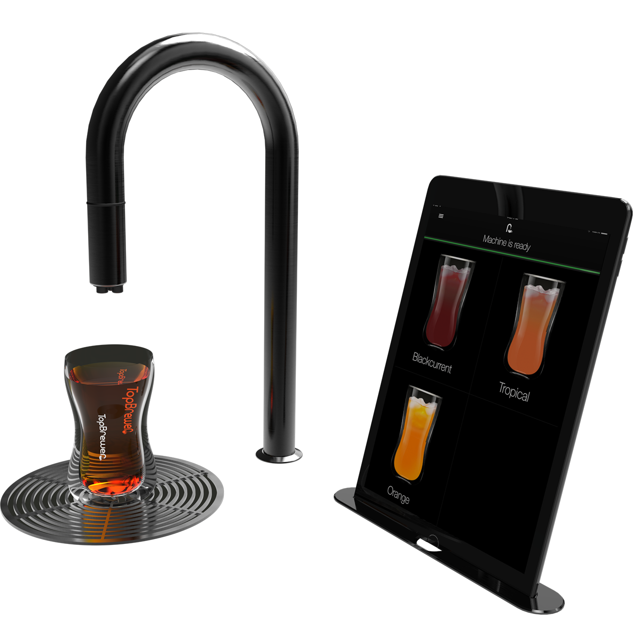 A black faucet for TopJuicer serving apple juice