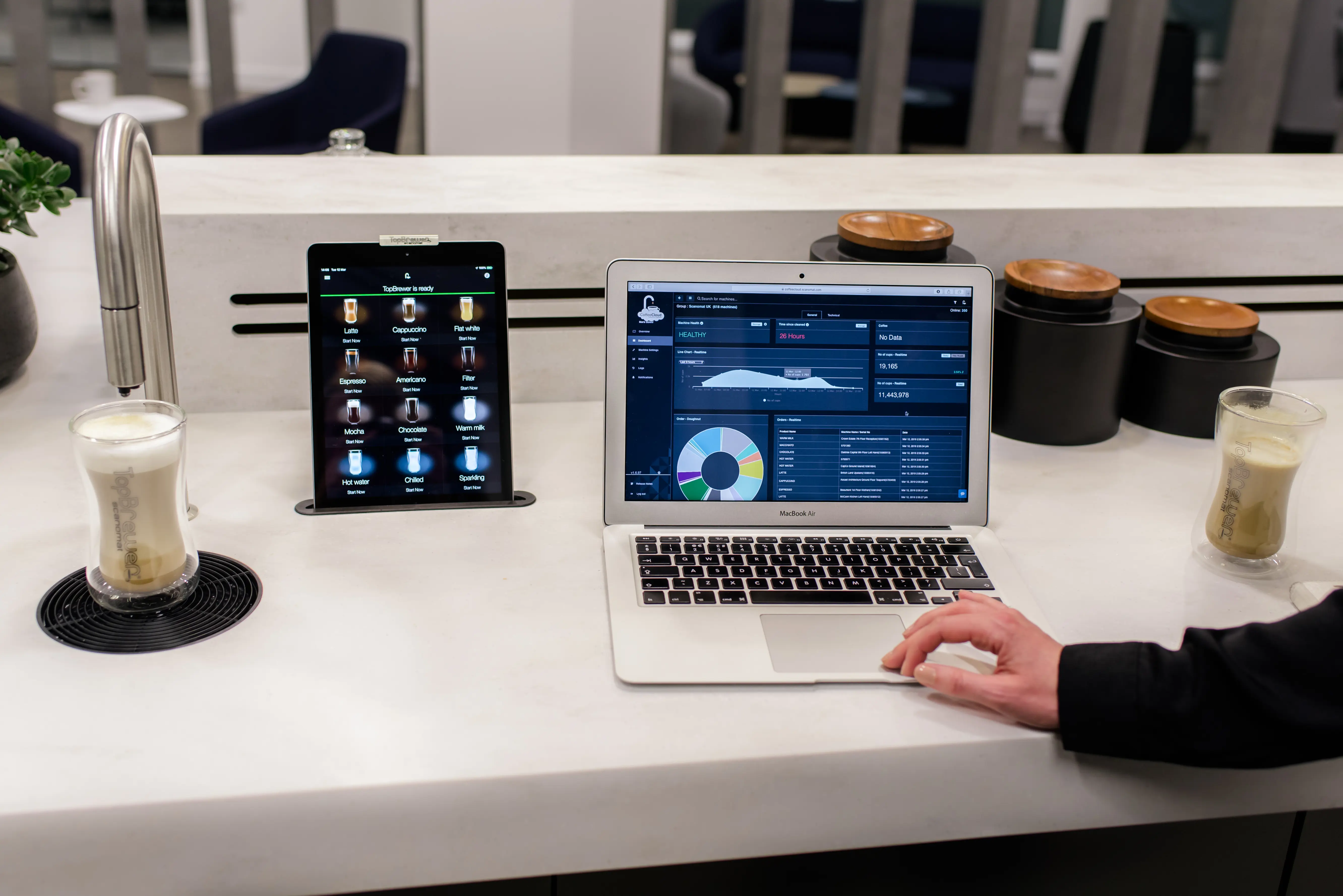 CoffeeCloud - TopBrewer's cloud management system, shown on laptop screen